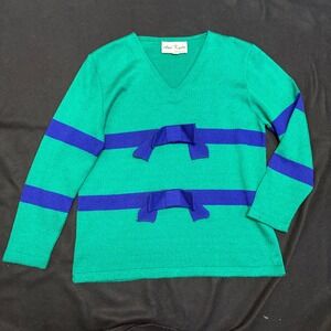 Ami Knits Vintage Green Blue Bow Knit‎ Sweater Size 16 V Neck Long Sleeve
